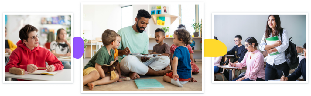 tryptic of stock photos of students in learning environments - boy in high school, male teacher in kindergarten reading on rug to students, and high school girl